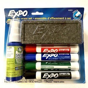 Low Odor Dry Erase Set : 4 Markers, White Board Eraser, Cleaner Spray NEW SEALED